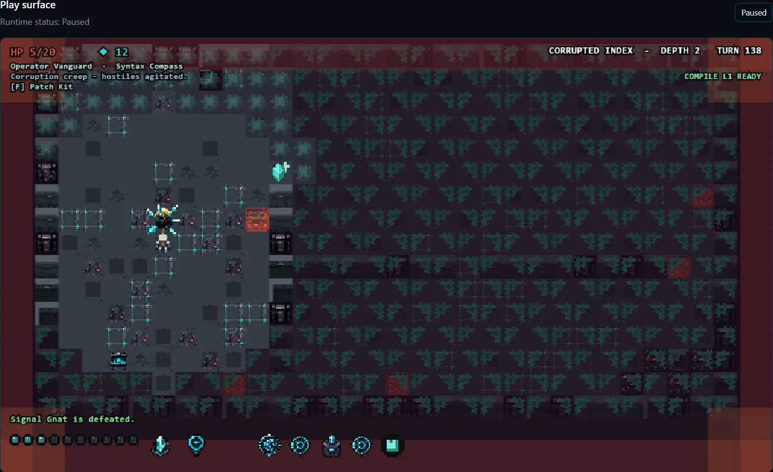 AI Rogue play surface showing runtime status, depth, turn state, local controls, and a browser-local game board.